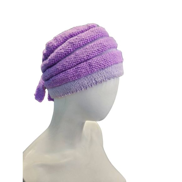 Hand Knit Purple Ribbed Hat Womens Adult Fall Winter - Picture 1 of 4
